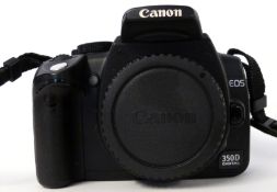 Canon EOS 350D digital camera, together with a Canon zoom lens EF-S18-55mm and accessories in box