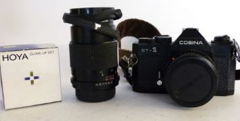 Cosina CT-1 film camera with 50mm Cosinon lens, filters and a Cosinon 135mm lens