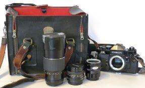 Chinon CE Memotron film camera, together with Auto Chinon 200mm lens, Auto Chinon 50mm lens, Prinz