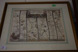 FRAMED REPRODUCTION OF THE OGILBY ROAD MAP OF KENT, SIZE APPROX 60 X 50CM