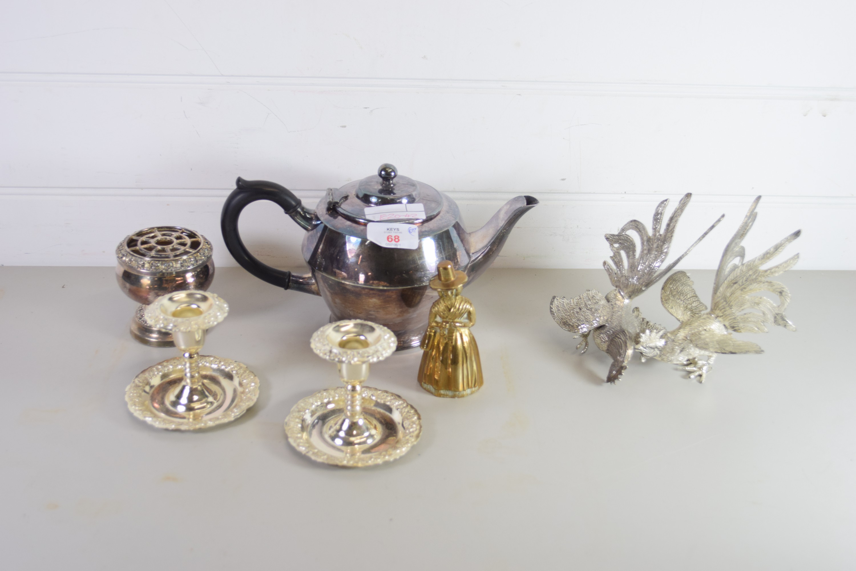 PLATED TEA POT AND PAIR OF SMALL PLATED CANDLESTICKS ETC