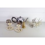 PLATED TEA POT AND PAIR OF SMALL PLATED CANDLESTICKS ETC