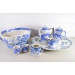 LATE 19TH CENTURY POTTERY BLUE AND WHITE TUREEN TOGETHER WITH A SERVING DISH AND ORIENTAL COFFEE POT