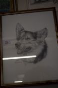 FRAMED PRINT OF A SKETCH OF A CORGI DOG, APPROX 31CM WIDE
