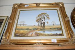 FRAMED OIL ON CANVAS SIGNED INDISTINCTLY LOWER LEFT, RURAL LANDSCAPE, APPROX 30 X 40CM IN ORNATE