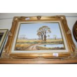 FRAMED OIL ON CANVAS SIGNED INDISTINCTLY LOWER LEFT, RURAL LANDSCAPE, APPROX 30 X 40CM IN ORNATE