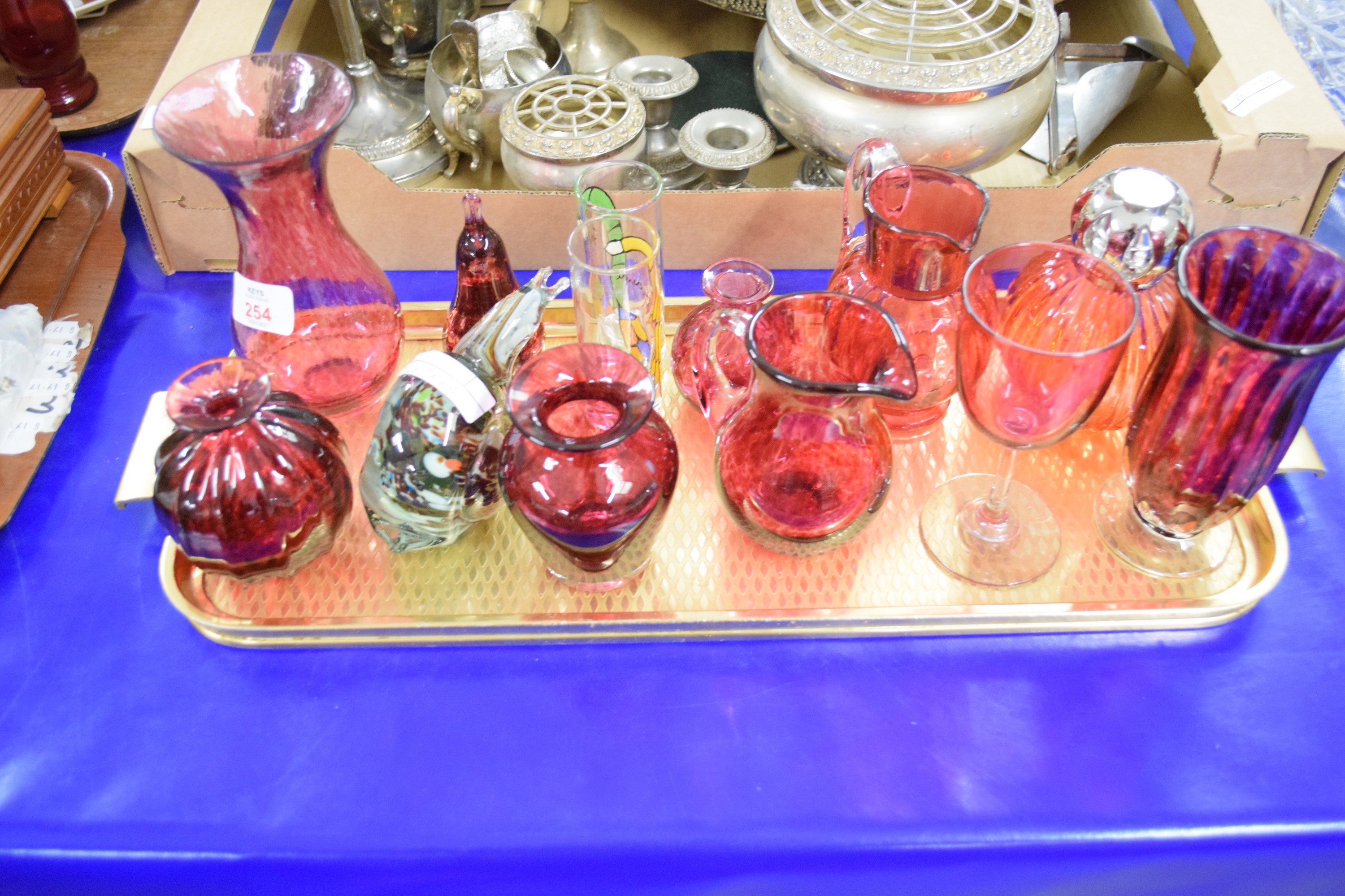 RUBY GLASS ITEMS, VASES, JUGS ETC