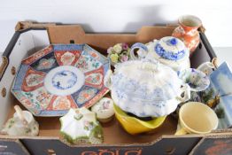 BOX CONTAINING CHINA WARES, COALPORT PASTILLE BURNERS MODELLED AS COTTAGES, ORIENTAL OCTAGONAL
