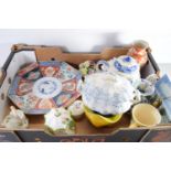 BOX CONTAINING CHINA WARES, COALPORT PASTILLE BURNERS MODELLED AS COTTAGES, ORIENTAL OCTAGONAL