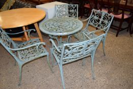 CAST PATIO TABLE AND CHAIR SET COMPRISING TABLE, DIAM APPROX 68CM AND FOUR SIMILAR CHAIRS