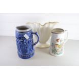 LATE 19TH CENTURY POTTERY JUG, BLUE POTTERY CONTINENTAL STYLE EWER AND FLOWER VASE