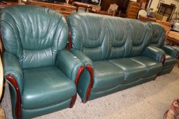 MODERN LEATHER THREE PIECE SUITE COMPRISING THREE SEATER SOFA, ARMCHAIR AND RECLINER ARMCHAIR, THE