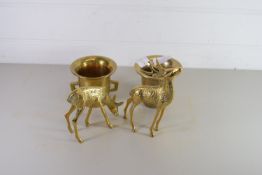 PAIR OF BRASS VASES AND TWO BRASS MODELS OF DEER