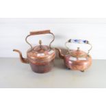 TWO COPPER KETTLES, ONE WITH CERAMIC HANDLE