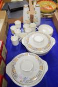 TABLE WARES COMPRISING TWO TUREENS, CUPS AND SAUCERS AND PAIR OF GLASS PAINTED VASES