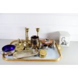 TRAY CONTAINING PAIR OF BRASS CANDLESTICKS, BRASS ASHTRAY WITH REGIMENTAL INSIGNIA ETC