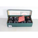 BOX CONTAINING SET OF INDOOR CARPET BOWLS BY B & A