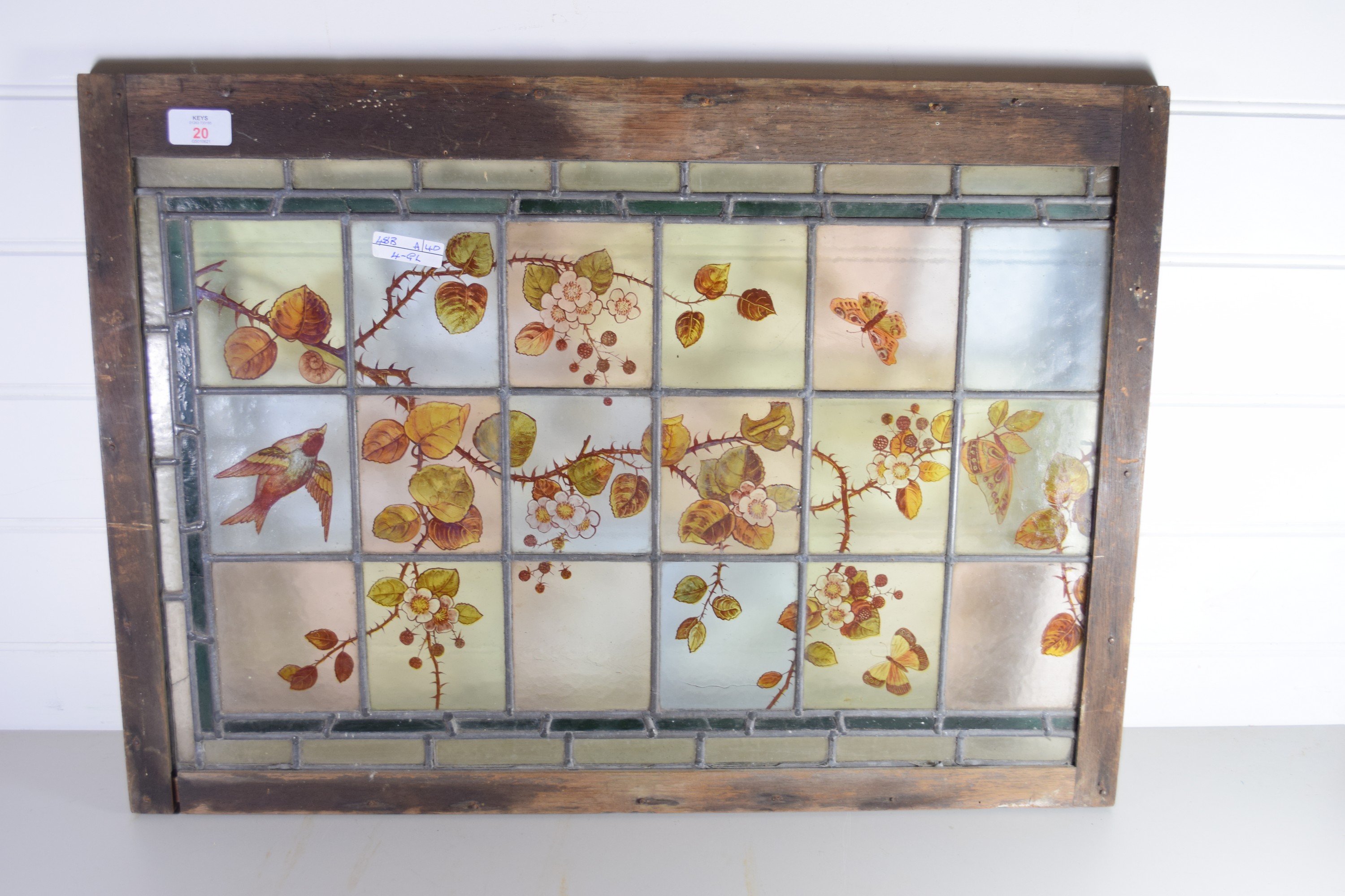 STAINED GLASS WINDOW IN WOODEN FRAME, PAINTED WITH FLORAL AND BIRD DESIGN