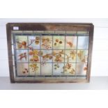 STAINED GLASS WINDOW IN WOODEN FRAME, PAINTED WITH FLORAL AND BIRD DESIGN