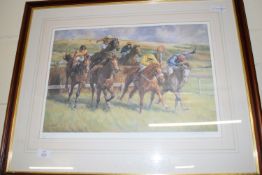 FRAMED HORSE RACING INTEREST LIMITED EDITION PRINT AFTER MARGARET BARRETT, SIGNED AND NUMBERED IN