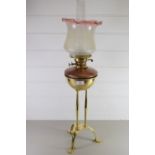 BRASS LAMP WITH GLASS SHADE AND BEATEN COPPER RESERVOIR