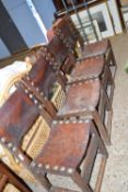 SET OF FOUR RUSTIC LEATHER SEATED OAK DINING CHAIRS, EACH WIDTH APPROX 43CM