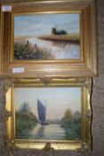 TWO SMALL GILT FRAMED OIL PAINTINGS OF BROADLAND VIEWS, CLIFFORD KNIGHT "ALBION ON THE ANT,