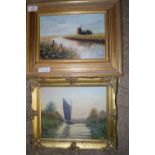 TWO SMALL GILT FRAMED OIL PAINTINGS OF BROADLAND VIEWS, CLIFFORD KNIGHT "ALBION ON THE ANT,