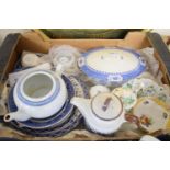 BOX OF MISCELLANEOUS CHINA INCLUDING ORIENTAL TEA POT, BLUE AND WHITE SERVING TUREEN AND COVER ETC