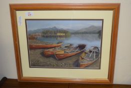 FRAMED PRINT OF A JASMINE SQUIRES PAINTING - BOAT RACING, APPROX 38 X 31CM, TOGETHER WITH A FRAMED