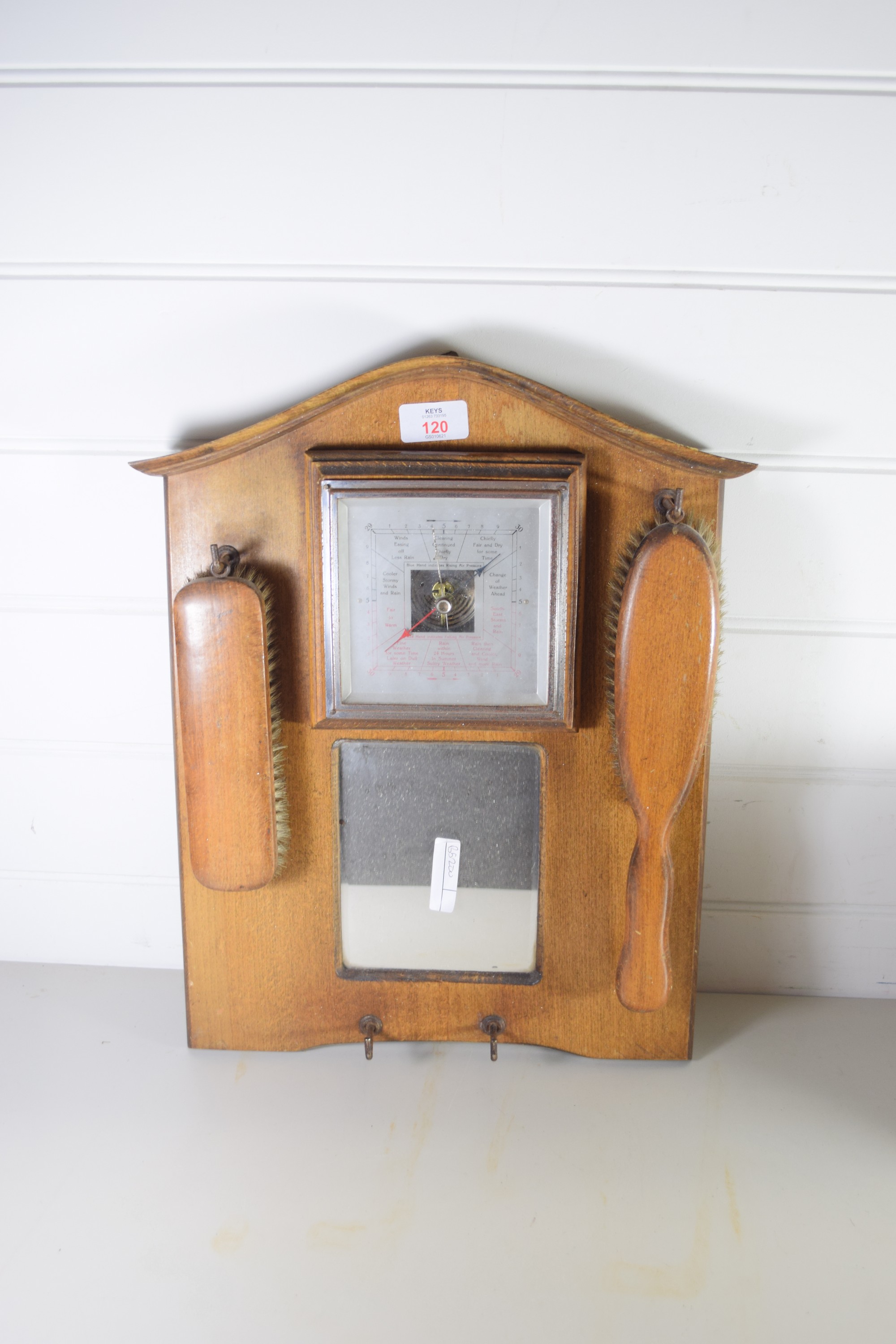 BAROMETER IN WOODEN FRAME WITH TWO WOODEN BACKED BRUSHES