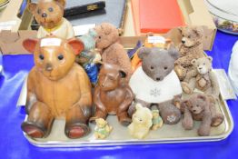 TRAY CONTAINING MODEL TEDDIES INCLUDING THREE WOODEN TEDDIES ETC