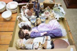 TRAY CONTAINING CERAMIC ITEMS, MODELS OF BIRDS, FIGURES, DOLLS ETC