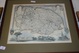 FRAMED REPRODUCTION MAP OF NORFOLK, APPROX 68 X 59CM