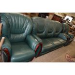 UPHOLSTERED LEATHER THREE PIECE SUITE COMPRISING SOFA, RECLINER CHAIR AND ARMCHAIR, THE SOFA