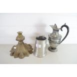 METAL ITEMS INCLUDING A PEWTER TANKARD AND PLATED HOT WATER JUG ETC