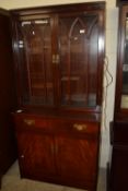 MAHOGANY EFFECT SIDE CABINET WITH ASTRAGAL GLAZED BOOKCASE ABOVE, WIDTH APPROX 89CM MAX