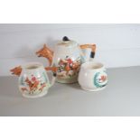 TEA POT, MILK JUG AND SUGAR BOWL WITH FOX HUNTING SCENES, THE SPOUT MODELLED AS A FOX'S HEAD