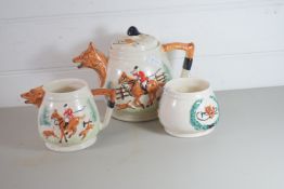 TEA POT, MILK JUG AND SUGAR BOWL WITH FOX HUNTING SCENES, THE SPOUT MODELLED AS A FOX'S HEAD