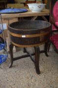 COOPERED OVAL WINE COOLER, BRASS BOUND, APPROX 60 X 47CM ON STAND