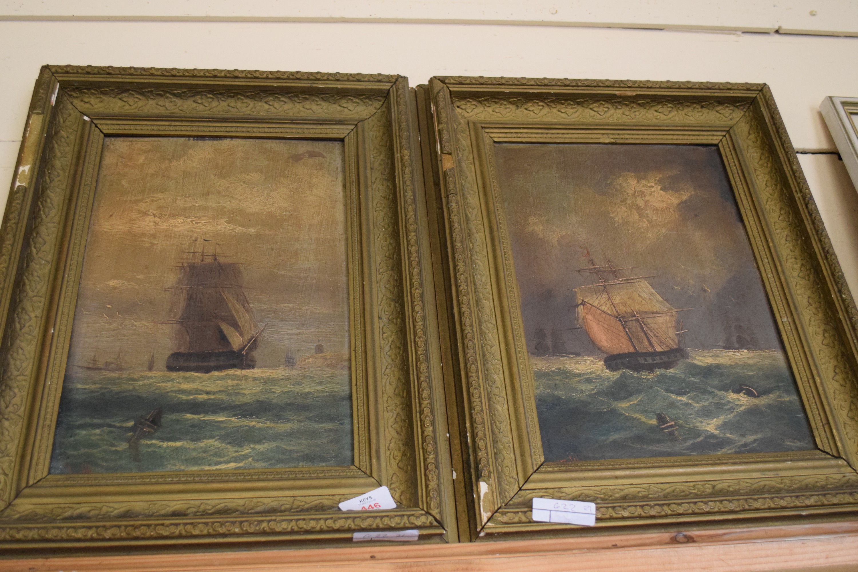 PAIR OF FRAMED OIL PAINTINGS ON TIN DEPICTING 19TH CENTURY SAILING SHIPS, EACH APPROX 34 X 22CM