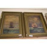 PAIR OF FRAMED OIL PAINTINGS ON TIN DEPICTING 19TH CENTURY SAILING SHIPS, EACH APPROX 34 X 22CM