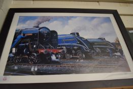 FRAMED PRINT AFTER OBEN OF STEAM ENGINES, THE SIR NIGEL GRESLEY, BRITANNIA AND UNION OF SOUTH