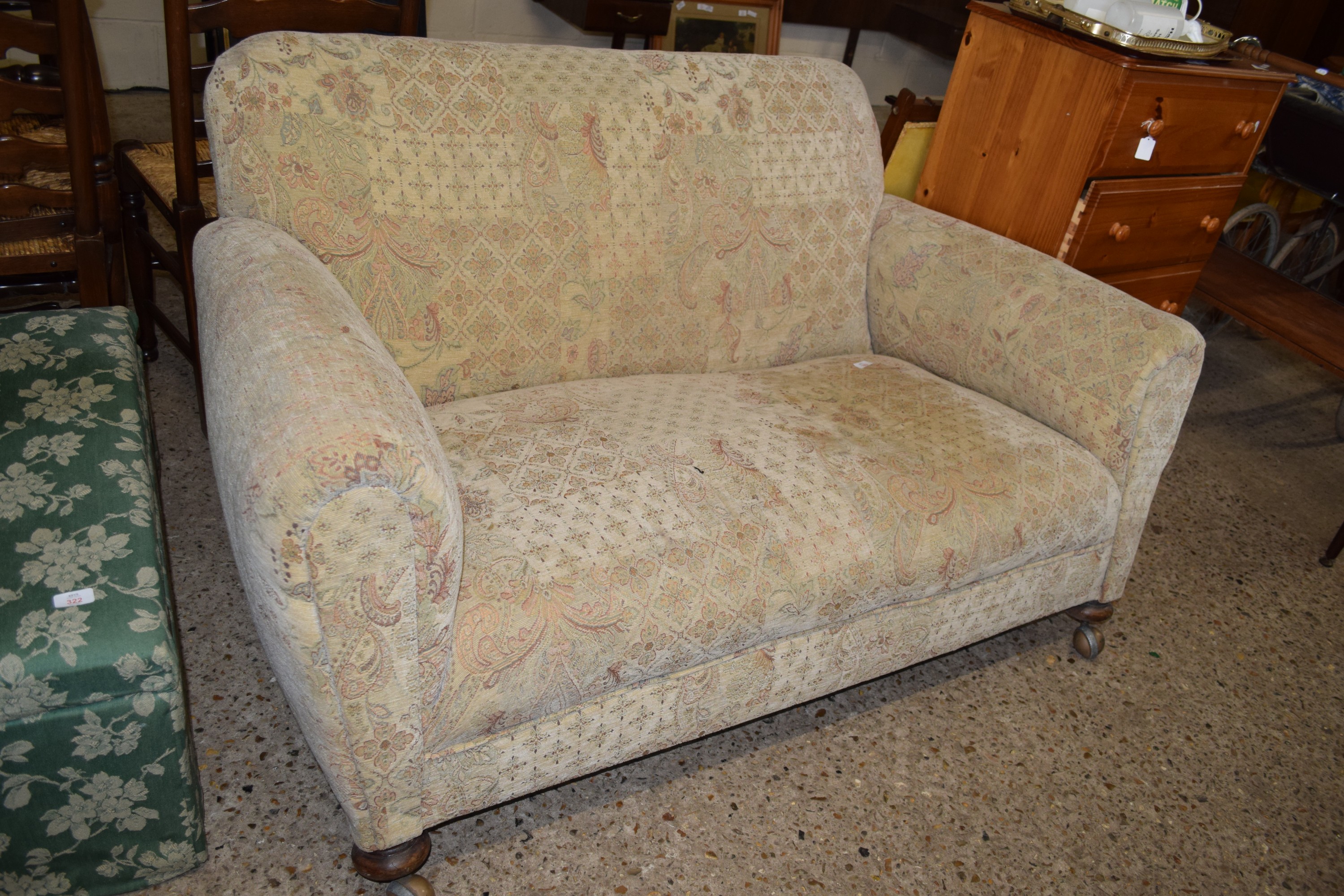 VINTAGE TWO-SEATER SOFA WITH BUN FEET, LENGTH APPROX 152CM