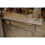 VINTAGE JOINTED BENCH WITH TURNED LEGS AND CARVED FRIEZE, LENGTH APPROX 196CM