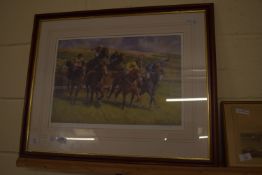 PRINT OF A HORSE RACING SCENE SIGNED BY MARGARET BARRETT