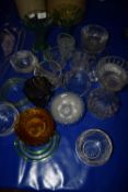 GLASS WARES, VASES, BOWLS, DECANTERS ETC