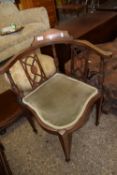 EDWARDIAN SERPENTINE CORNER CHAIR WITH INLAID DECORATION, WIDTH APPROX 62CM MAX