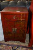 SMALL HARDWOOD BEDROOM CABINET DECORATED IN ORIENTAL STYLE WITH FIGURES, WIDTH APPROX 39CM