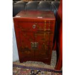 SMALL HARDWOOD BEDROOM CABINET DECORATED IN ORIENTAL STYLE WITH FIGURES, WIDTH APPROX 39CM